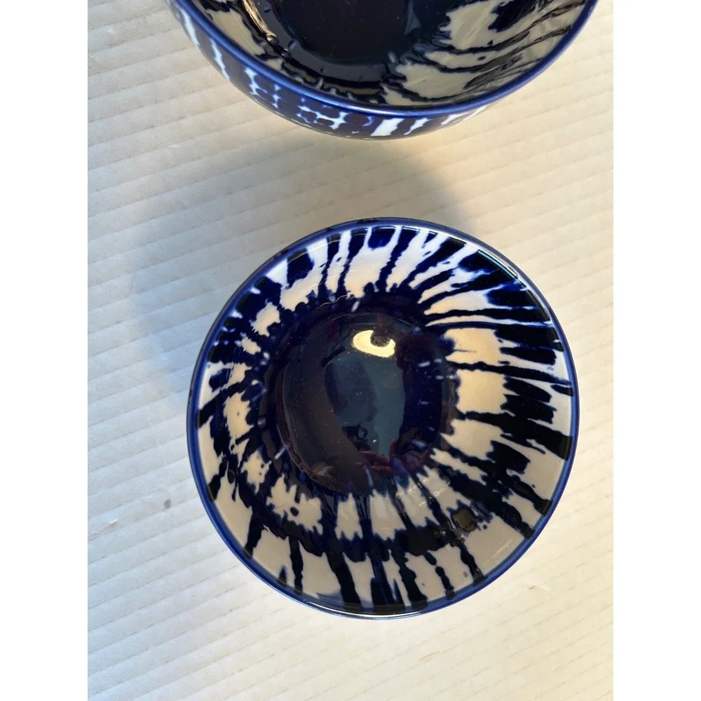 West Elm Indigo Tie Dye Bowls Set of 2 Blue White Ceramic Stoneware Decor